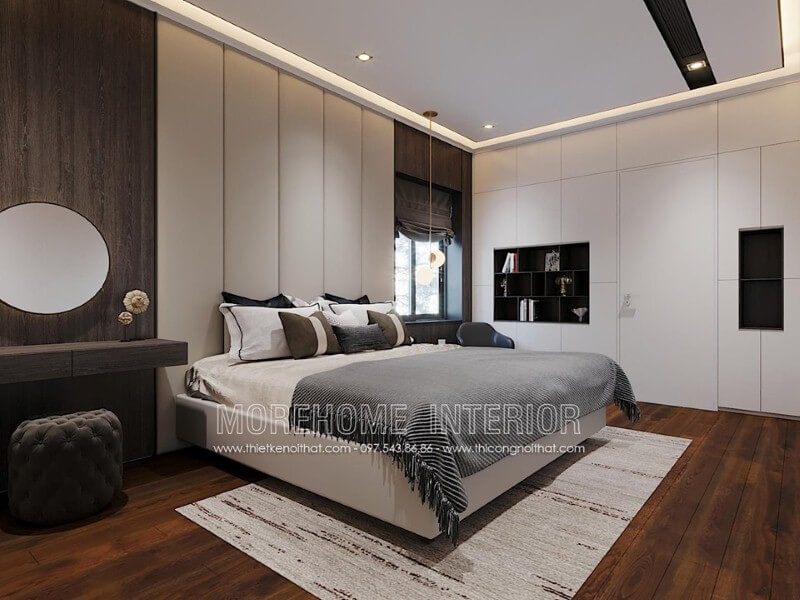 Sắp xếp nội thất phòng ngủ màu trắng đẹp ấn tượng với cách phối màu khéo léo.
