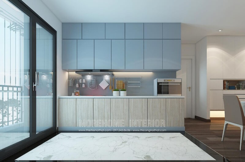 Tủ bếp hiện đại được bố trí hợp lí, các ngăn tủ được phân chia khoa học, bạn có thể dễ dàng phân loại và lưu trữ đồ dùng phòng bếp chung cư tiện nghi hơn Thiết kế tủ bếp đẹp